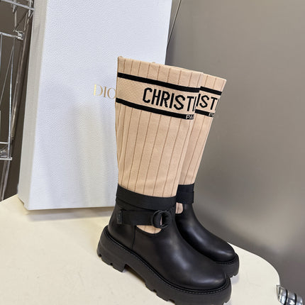 DIOR 25S D-MAJOR ANKLE BOOTS IN BLACK CALFSKIN AND LIGHT BEIGE FABRIC