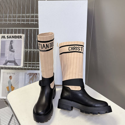 DIOR 25S D-MAJOR ANKLE BOOTS IN BLACK CALFSKIN AND LIGHT BEIGE FABRIC