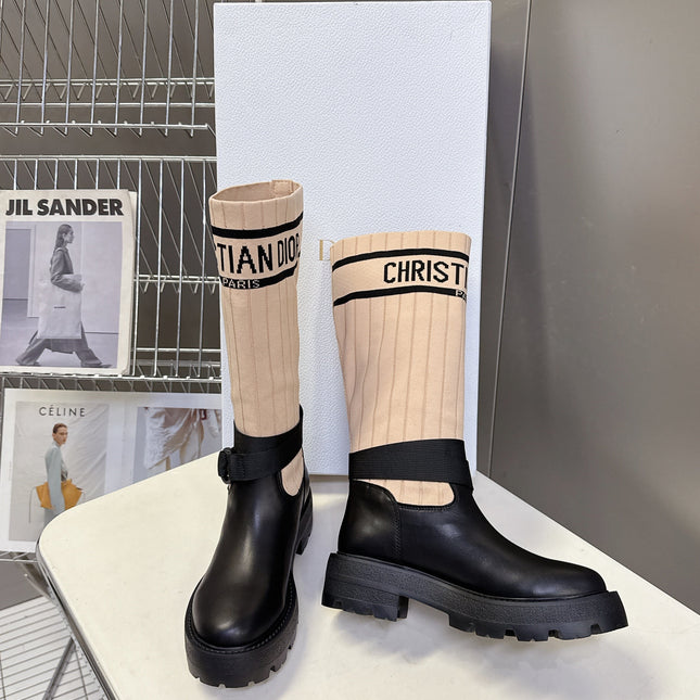 DIOR 25S D-MAJOR ANKLE BOOTS IN BLACK CALFSKIN AND LIGHT BEIGE FABRIC