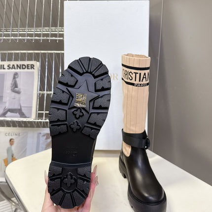 DIOR 25S D-MAJOR ANKLE BOOTS IN BLACK CALFSKIN AND LIGHT BEIGE FABRIC