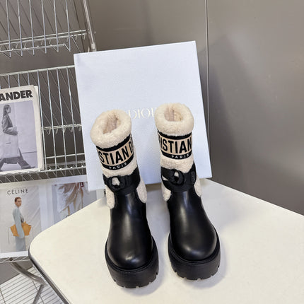DIOR 25S D-MAJOR ANKLE BOOTS IN BLACK LAMBSKIN AND CREAM WHITE WOOL