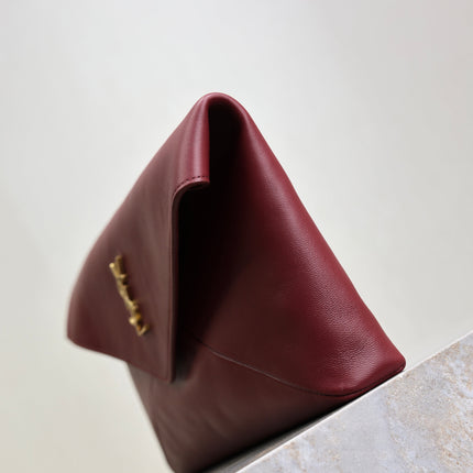 YSL 25S CASSANDRE LARGE ENVELOPE POUCH 29 IN DARK RUBY SHINY CALFSKIN GOLD HARDWRE