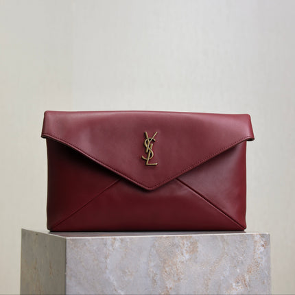 YSL 25S CASSANDRE LARGE ENVELOPE POUCH 29 IN DARK RUBY SHINY CALFSKIN GOLD HARDWRE
