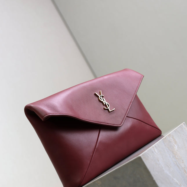 YSL 25S CASSANDRE LARGE ENVELOPE POUCH 29 IN DARK RUBY SHINY CALFSKIN GOLD HARDWRE