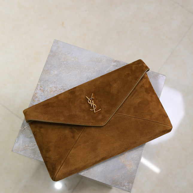 YSL 25S CASSANDRE LARGE ENVELOPE POUCH 29 IN BURNT UMBER SUEDE GOLD HARDWRE