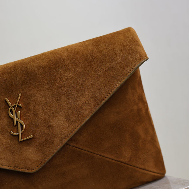 YSL 25S CASSANDRE LARGE ENVELOPE POUCH 29 IN BURNT UMBER SUEDE GOLD HARDWRE