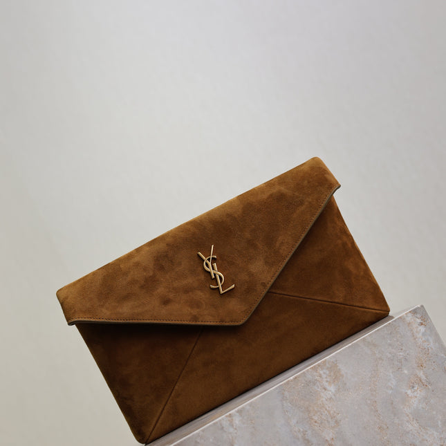 YSL 25S CASSANDRE LARGE ENVELOPE POUCH 29 IN BURNT UMBER SUEDE GOLD HARDWRE