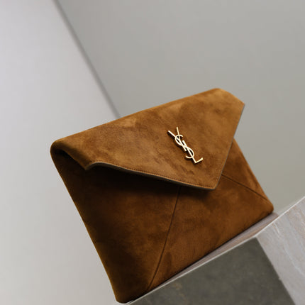 YSL 25S CASSANDRE LARGE ENVELOPE POUCH 29 IN BURNT UMBER SUEDE GOLD HARDWRE