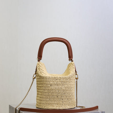 YSL 25S GABY BUCKET BAG 19 IN RAFFIA AND CALFSKIN GOLD HARDWRE