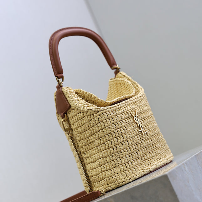 YSL 25S GABY BUCKET BAG 19 IN RAFFIA AND CALFSKIN GOLD HARDWRE