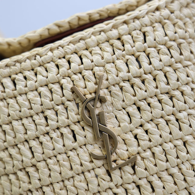 YSL 25S GABY BUCKET BAG 19 IN RAFFIA AND CALFSKIN GOLD HARDWRE