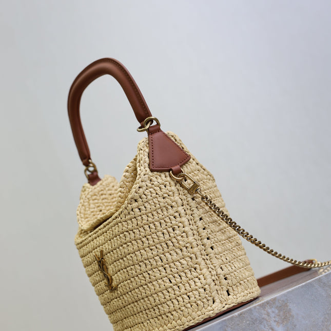 YSL 25S GABY BUCKET BAG 19 IN RAFFIA AND CALFSKIN GOLD HARDWRE