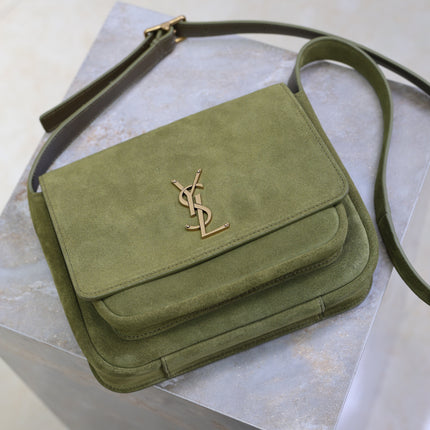 YSL 25S NIKI SATCHEL 22 IN BARLEY GREEN SUEDE GOLD HARDWRE