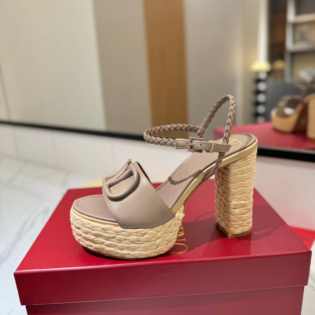 VLTN ESPADRILLE WEDGE SANDALS 25S 115 MM IN BEIGE BROWN LAMBSKIN