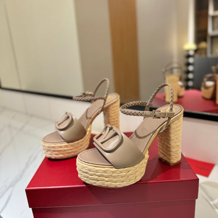 VLTN ESPADRILLE WEDGE SANDALS 25S 115 MM IN BEIGE BROWN LAMBSKIN