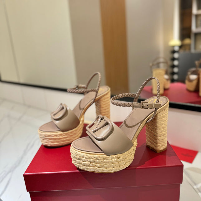 VLTN ESPADRILLE WEDGE SANDALS 25S 115 MM IN BEIGE BROWN LAMBSKIN