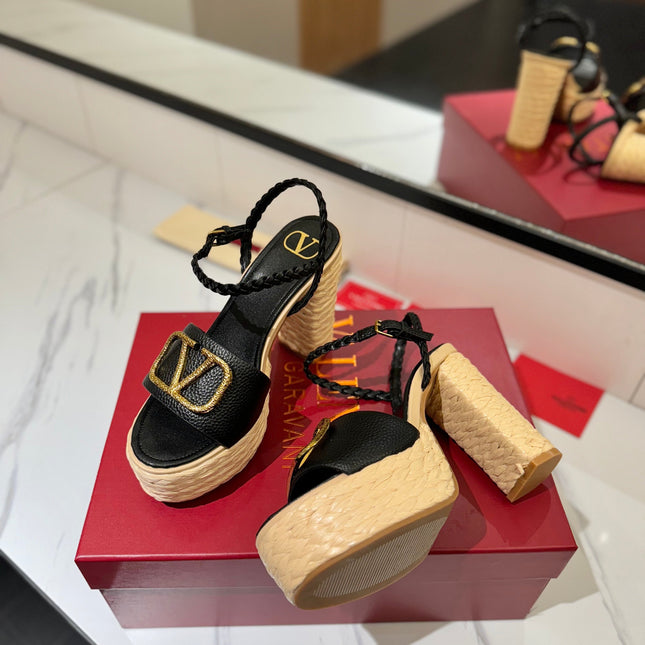 VLTN ESPADRILLE WEDGE SANDALS 25S 115 MM IN BLACK LAMBSKIN WITH GOLD HARDWARE