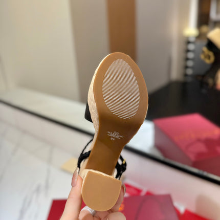 VLTN ESPADRILLE WEDGE SANDALS 25S 115 MM IN BLACK LAMBSKIN WITH GOLD HARDWARE