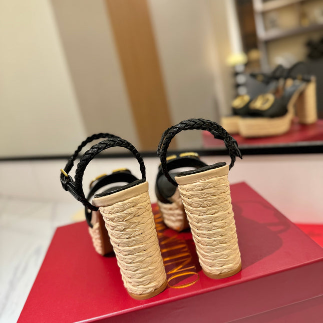 VLTN ESPADRILLE WEDGE SANDALS 25S 115 MM IN BLACK LAMBSKIN WITH GOLD HARDWARE