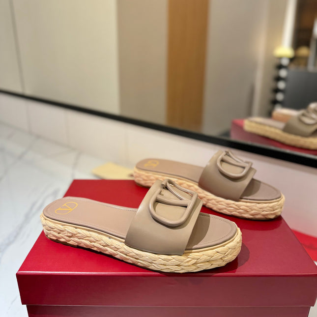 VLTN ESPADRILLE SLIDES 25S IN BEIGE BROWN LAMBSKIN STYLE 10