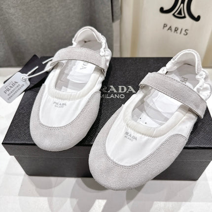 PRADA 25S COLLAPSE RE NYLON AND SUEDE BALLERINAS IN LIGHT GRAY AND CREAM
