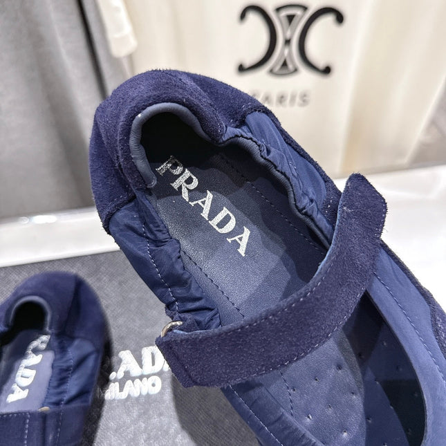 PRADA 25S COLLAPSE RE NYLON AND SUEDE BALLERINAS IN DARK BLUE