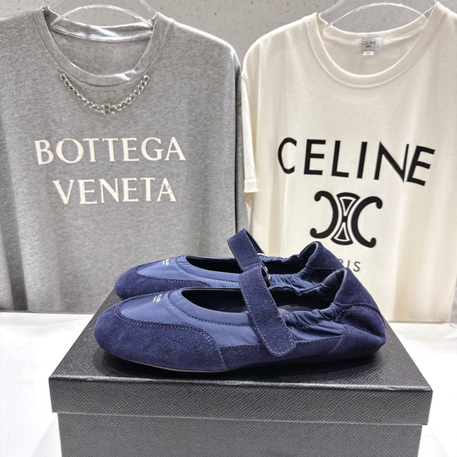 PRADA 25S COLLAPSE RE NYLON AND SUEDE BALLERINAS IN DARK BLUE