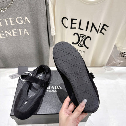 PRADA 25S COLLAPSE RE NYLON AND SUEDE BALLERINAS IN BLACK