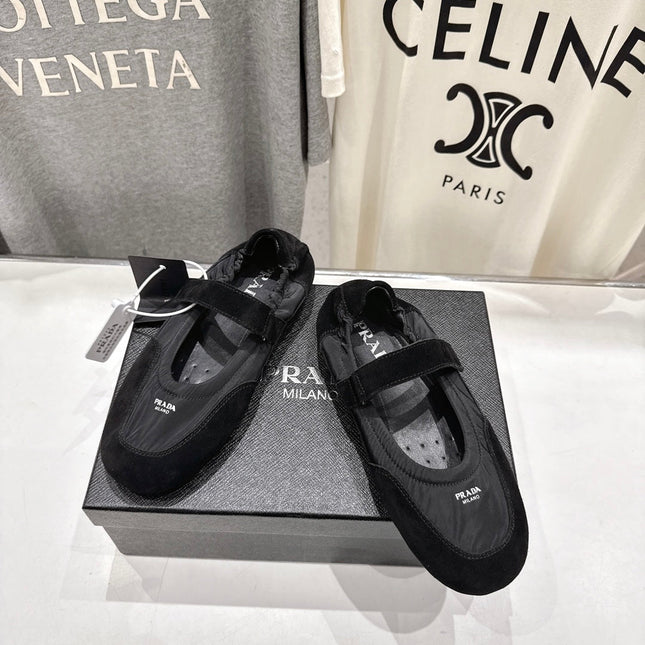 PRADA 25S COLLAPSE RE NYLON AND SUEDE BALLERINAS IN BLACK