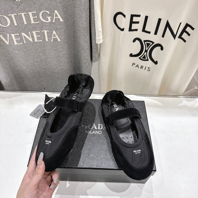 PRADA 25S COLLAPSE RE NYLON AND SUEDE BALLERINAS IN BLACK