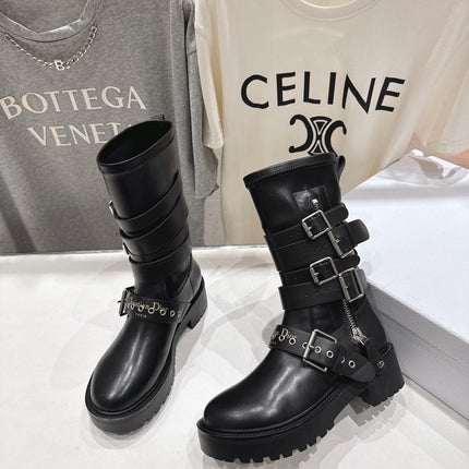 DIOR 25S BIKER BOOTS IN BLACK CALFSKIN WITH SILVER HARDWARE