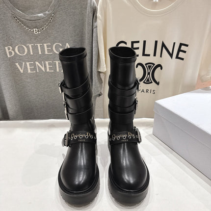 DIOR 25S BIKER BOOTS IN BLACK CALFSKIN WITH SILVER HARDWARE