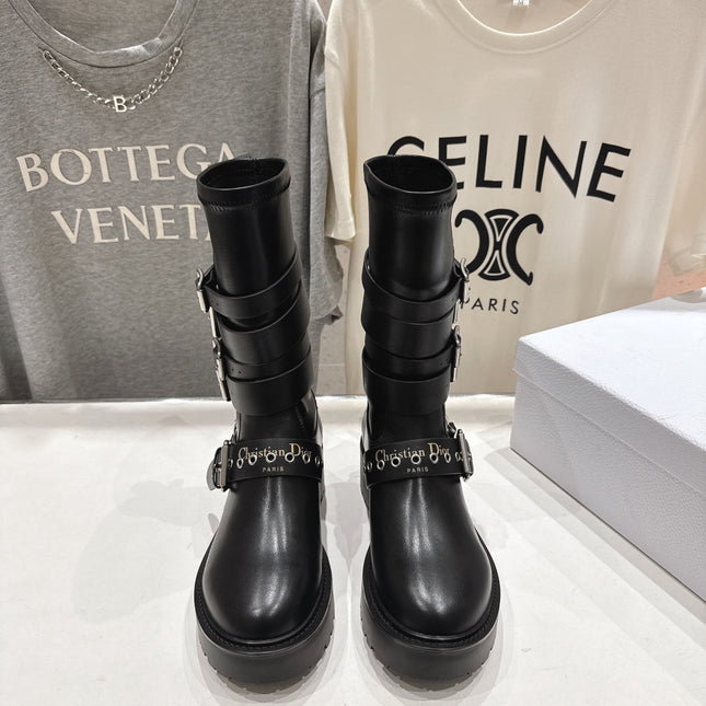 DIOR 25S BIKER BOOTS IN BLACK CALFSKIN WITH SILVER HARDWARE