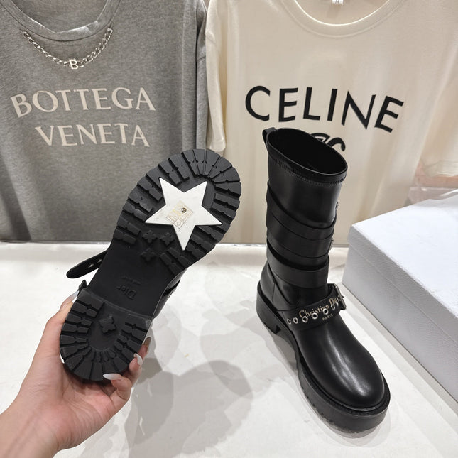 DIOR 25S BIKER BOOTS IN BLACK CALFSKIN WITH SILVER HARDWARE