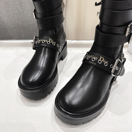 DIOR 25S BIKER BOOTS IN BLACK CALFSKIN WITH SILVER HARDWARE