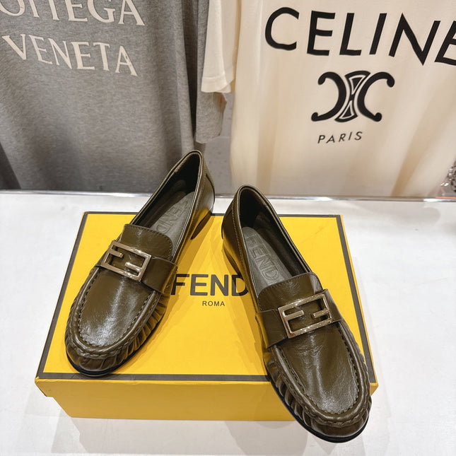FENDI 25S LOAFERS IN DARK OLIVE BROWN CALFSKIN