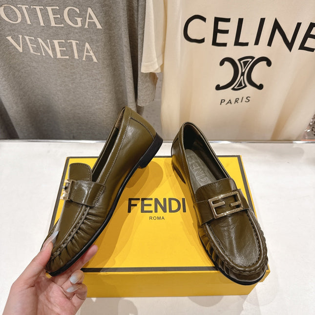 FENDI 25S LOAFERS IN DARK OLIVE BROWN CALFSKIN