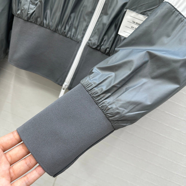 THOM BROWNE STAND COLLAR ZIP-UP JACKET IN GREY