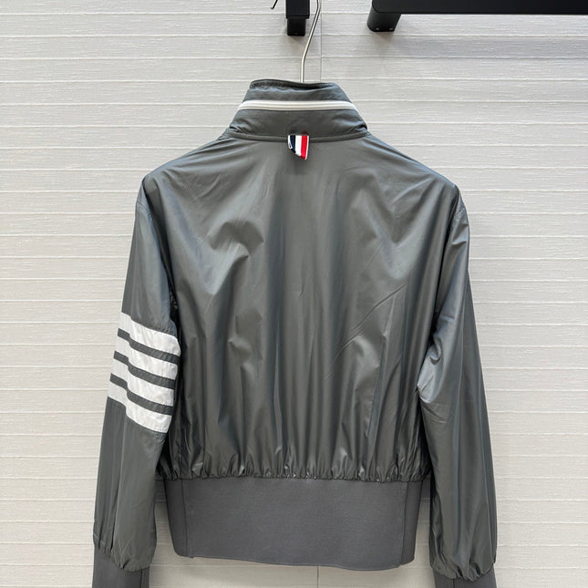 THOM BROWNE STAND COLLAR ZIP-UP JACKET IN GREY