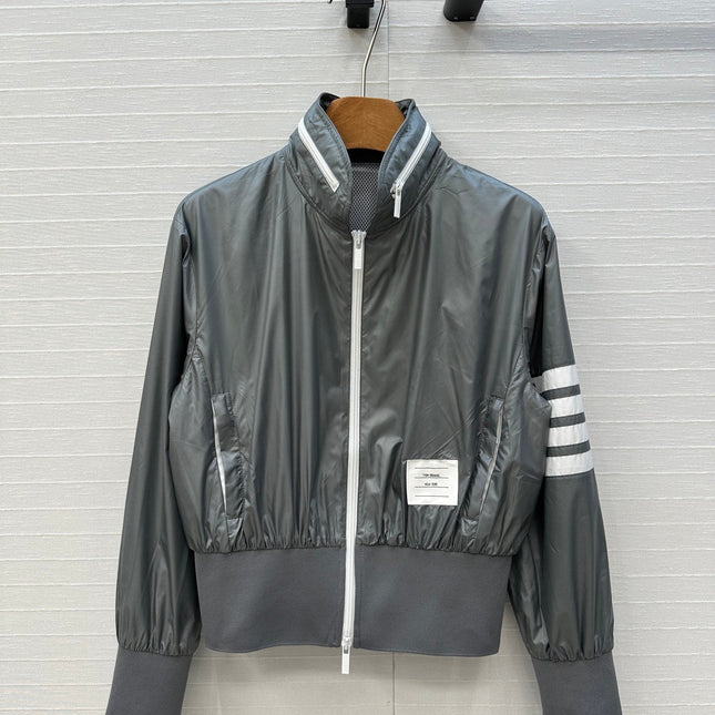 THOM BROWNE STAND COLLAR ZIP-UP JACKET IN GREY