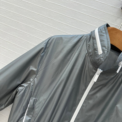 THOM BROWNE STAND COLLAR ZIP-UP JACKET IN GREY