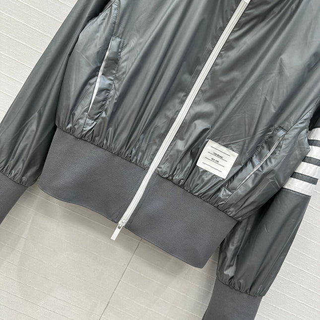 THOM BROWNE STAND COLLAR ZIP-UP JACKET IN GREY