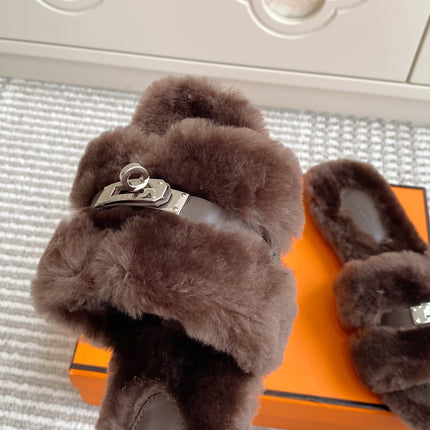 HM 25S ECLAIR SANDAL IN DARK BROWN SHEARLING WITH SILVER HARDWARE