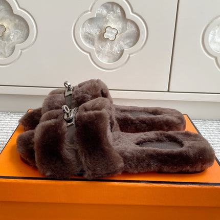 HM 25S ECLAIR SANDAL IN DARK BROWN SHEARLING WITH SILVER HARDWARE