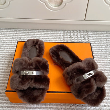 HM 25S ECLAIR SANDAL IN DARK BROWN SHEARLING WITH SILVER HARDWARE