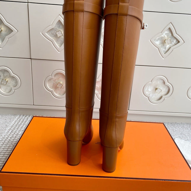 HM 25S TALL BOOTS 90 MM IN BROWN LAMBSKIN WITH SILVER HARDWARE