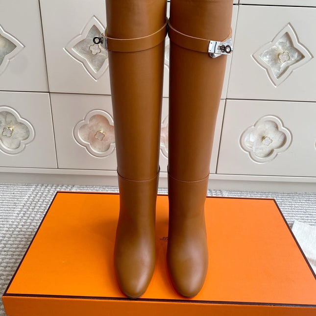 HM 25S TALL BOOTS 90 MM IN BROWN LAMBSKIN WITH SILVER HARDWARE