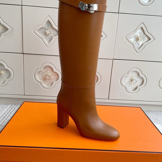 HM 25S TALL BOOTS 90 MM IN BROWN LAMBSKIN WITH SILVER HARDWARE