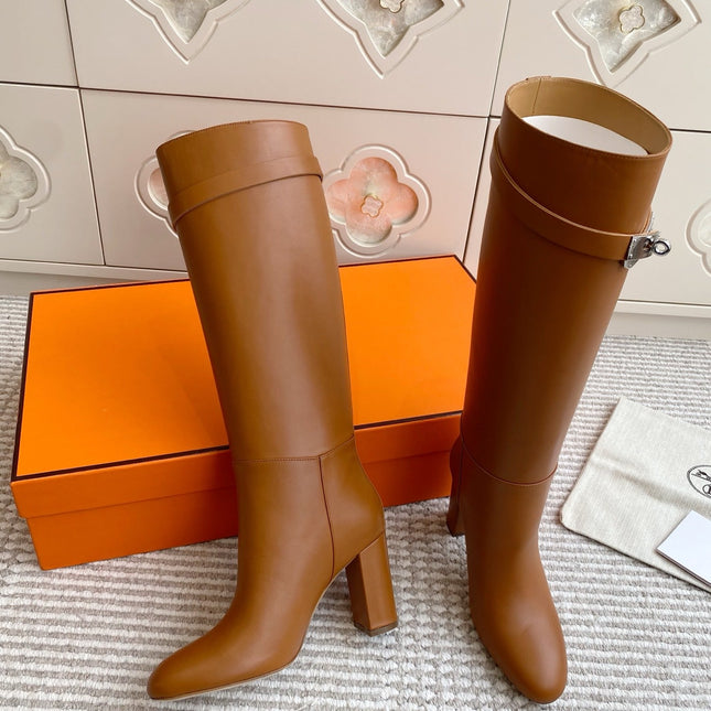 HM 25S TALL BOOTS 90 MM IN BROWN LAMBSKIN WITH SILVER HARDWARE