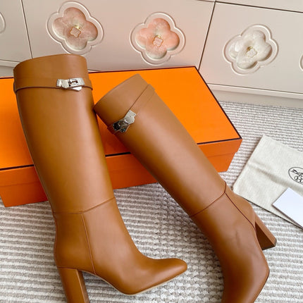 HM 25S TALL BOOTS 90 MM IN BROWN LAMBSKIN WITH SILVER HARDWARE